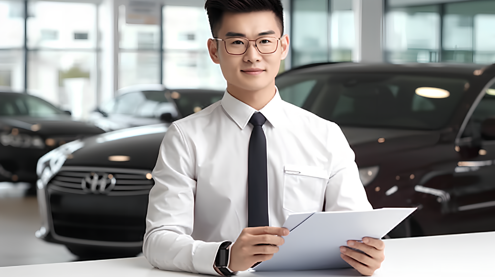 汽車旗艦店亞洲男銷售員銷售場(chǎng)景攝影圖